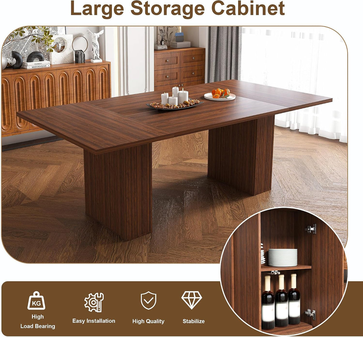 78.74" Dining Table Set for 8 with Storage Cabinet, Large Rectangular Dining Table Set with 8 Upholstered Chairs, 9 Piece Walnut Dining Room Table and Chairs Set for Big Family