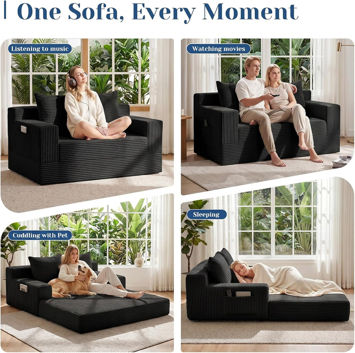 Convertible Sofa Bed,Small Couch & Loveseat,Pull Out Couch Bed for Small Spaces,Premium Luxe Corduroy Folding Floor Futon Sleeper with Side Pocket & 2 Pillows, No Assembly Required