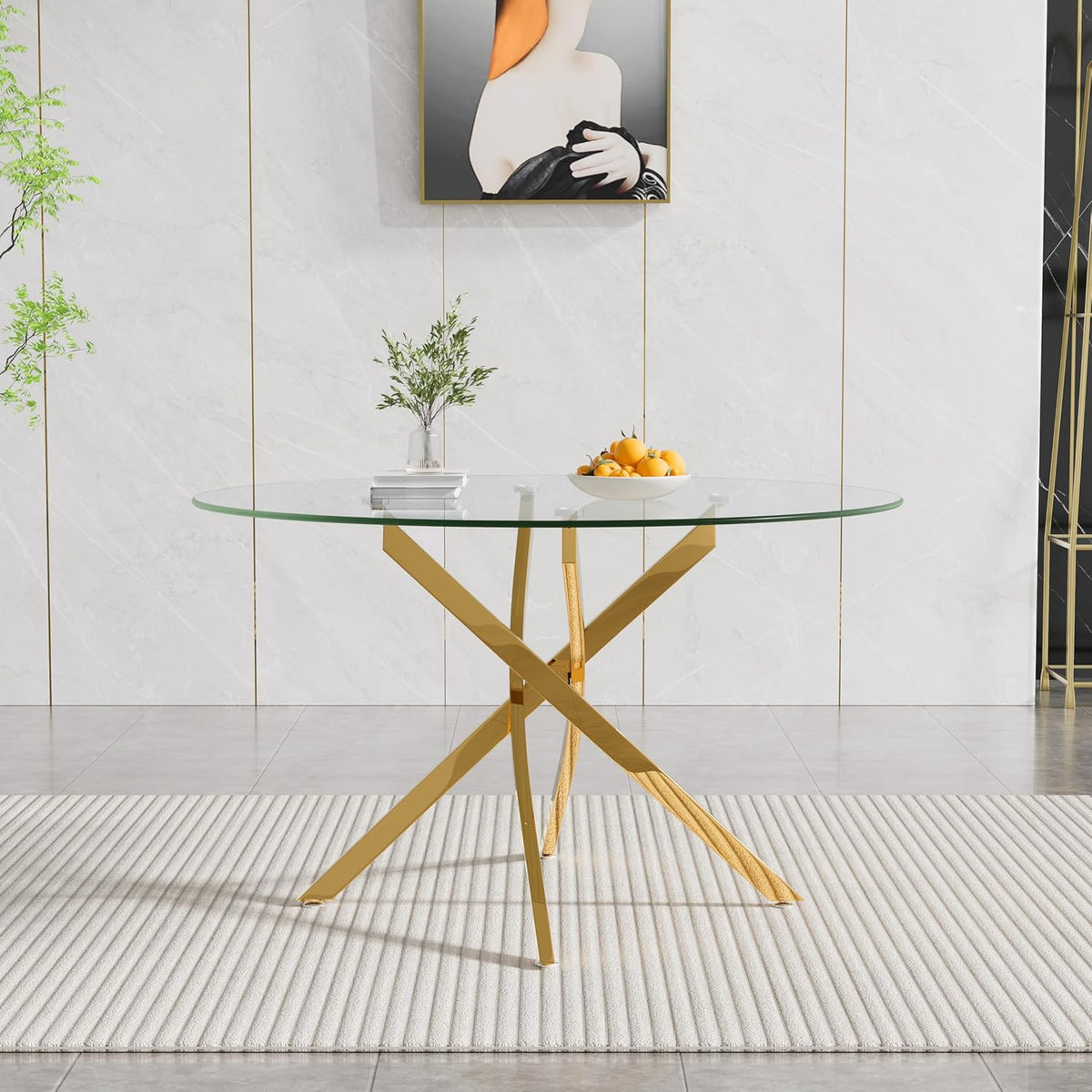 47" Round Glass Dining Table for 4-6, Circle Kitchen Table with Tempered Glass Top & Gold Metal Cross Legs, Modern Glass Dinner Table for Kitchen Dining Room Small Apartment