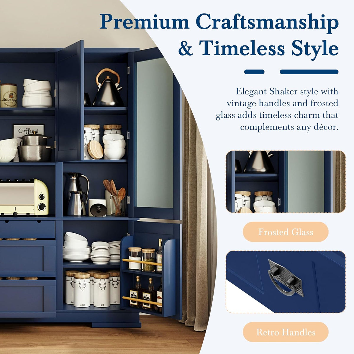 LUMISOL 78" Tall Kitchen Pantry Cabinet with Hutch and Drawers, Modern Kitchen Hutch with Door Shelf and Adjustable Shelves, Large Food Pantry Storage Cabinet for Kitchens,Dining Room, Blue