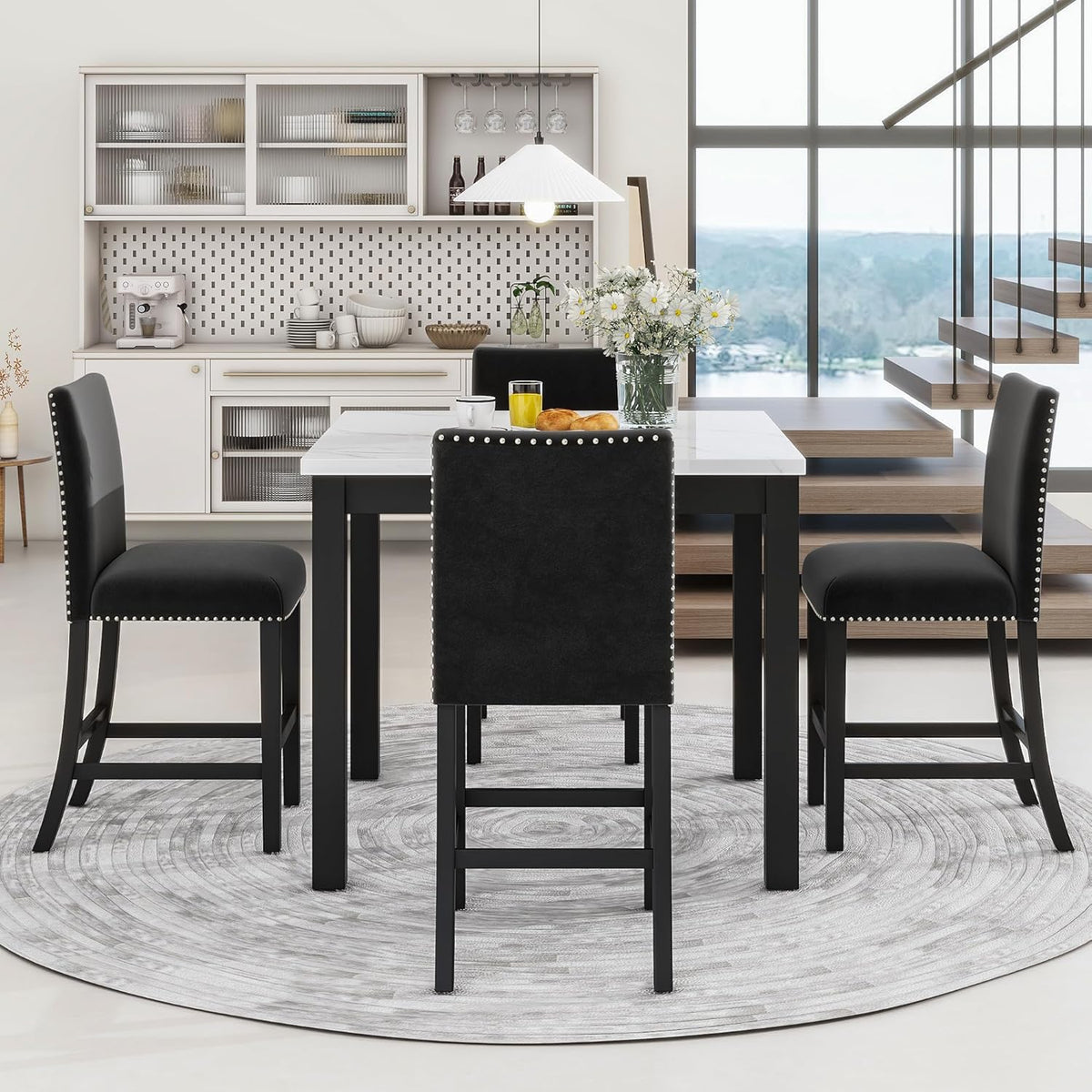 Merax Dining Table Set, 5 Piece Counter Height Dining Table Set with Faux Marble Dining Table and 4 Upholstered-Seat Chairs, Dining Room Table Set for Kitchen/Living Room, Black