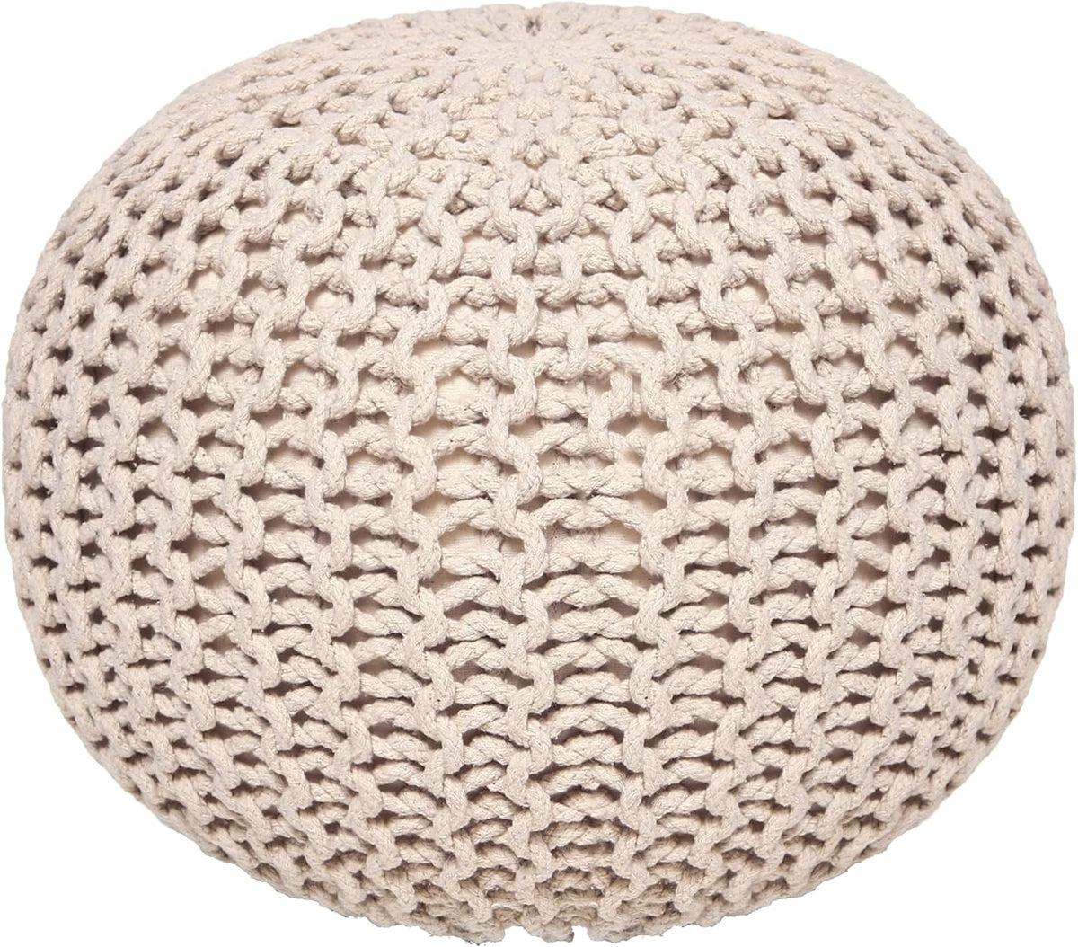 · REDEARTH · Round Pouf Ottoman - Hand Knitted Boho Poof Footrest - Ivory