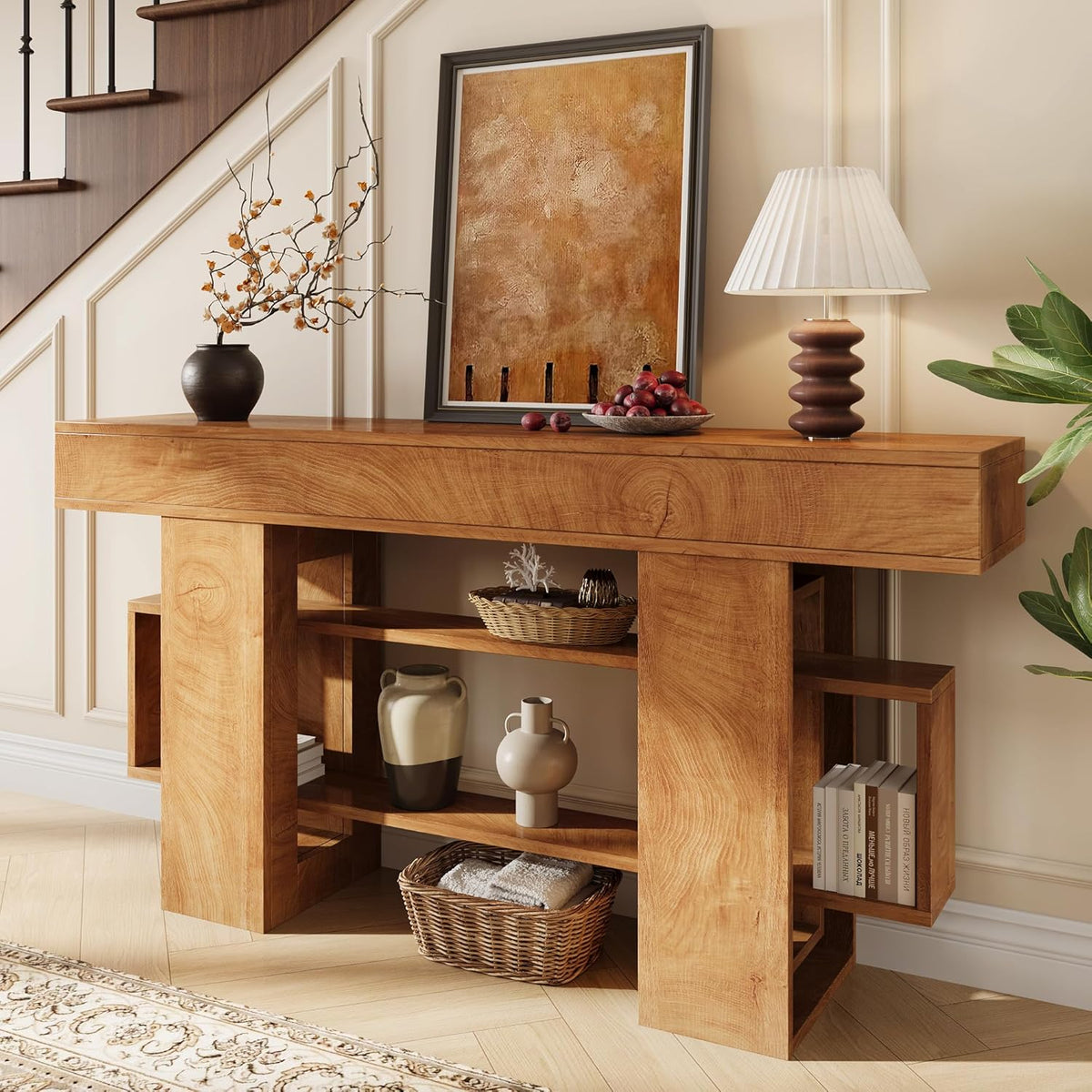 Einhomn 63 Inch Long Console Table for Entryway, Farmhouse Wooden Sofa Table Behind Couch with 3-Tier Storage Shelf, Narrow Entry Accent Table for Living Room, Hallway, Foyer, Natural