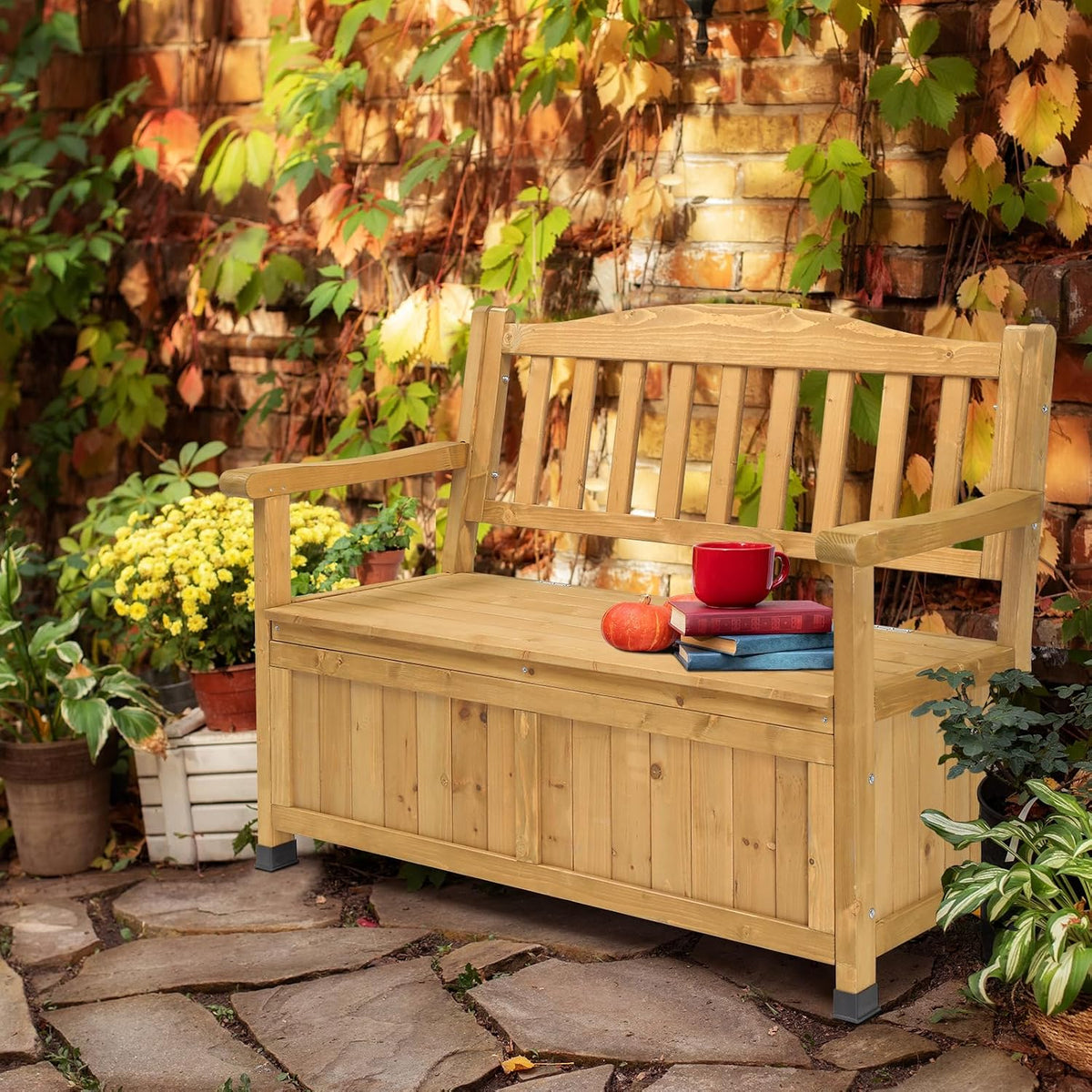 Outdoor Wood Storage Bench Deck Box, Entryway Porch Storage Bench, Wood Loveseat for Garden, Lawn, Balcony & Yard