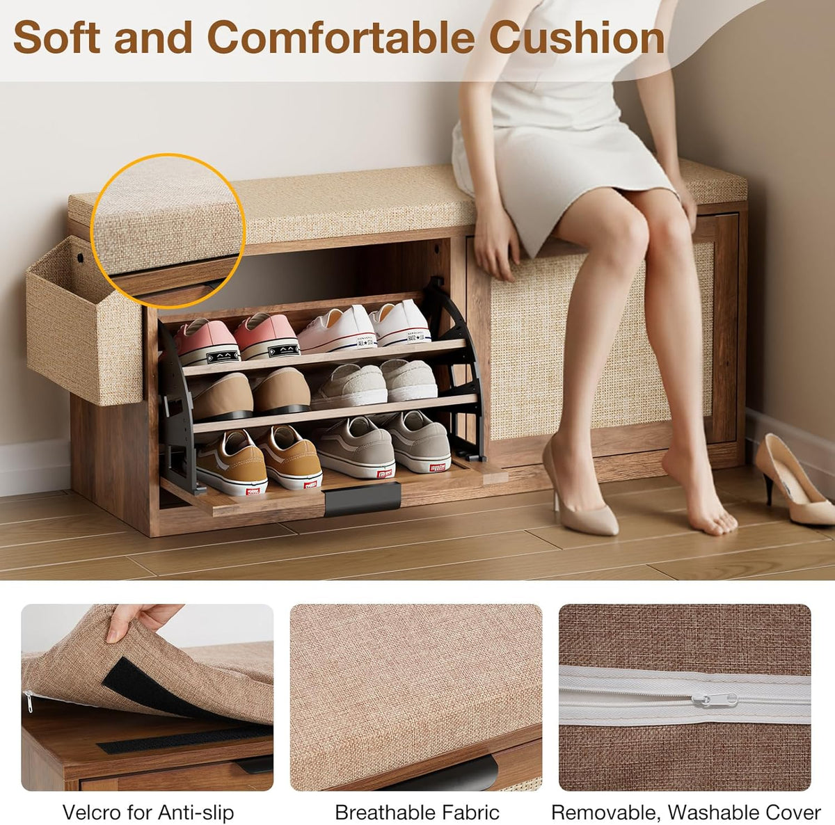 HOMMPA Shoe Storage Bench, Entryway Bench with Shoe Storage & 2 Flip Drawer & Seat Cushion, Rattan Hidden Shoe Rack Bench, Wooden Entry Way Shoe Cabinet for Hallway, Bedroom, Mudroom