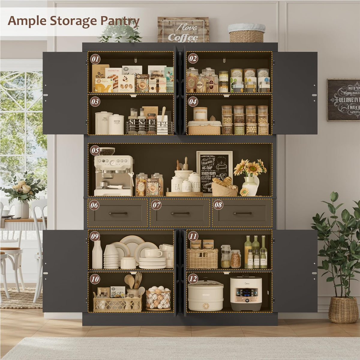 HITHOS 76" Tall Kitchen Pantry Storage Cabinet, 55“ Wide Kitchen Hutch Cabinet with Storage Drawers, Large Food Pantry with Microwave Stand, Modern Cupboard with Hutch for Dining Living Room, Black