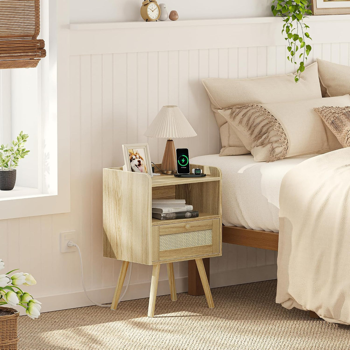 SUPERJARE Nightstands Set of 2, Night Stands with Charging Station & PE Rattan Decor Drawer, Bed Side Tables with Solid Wood Feet, End Table, for Bedroom, Living Room - Natural
