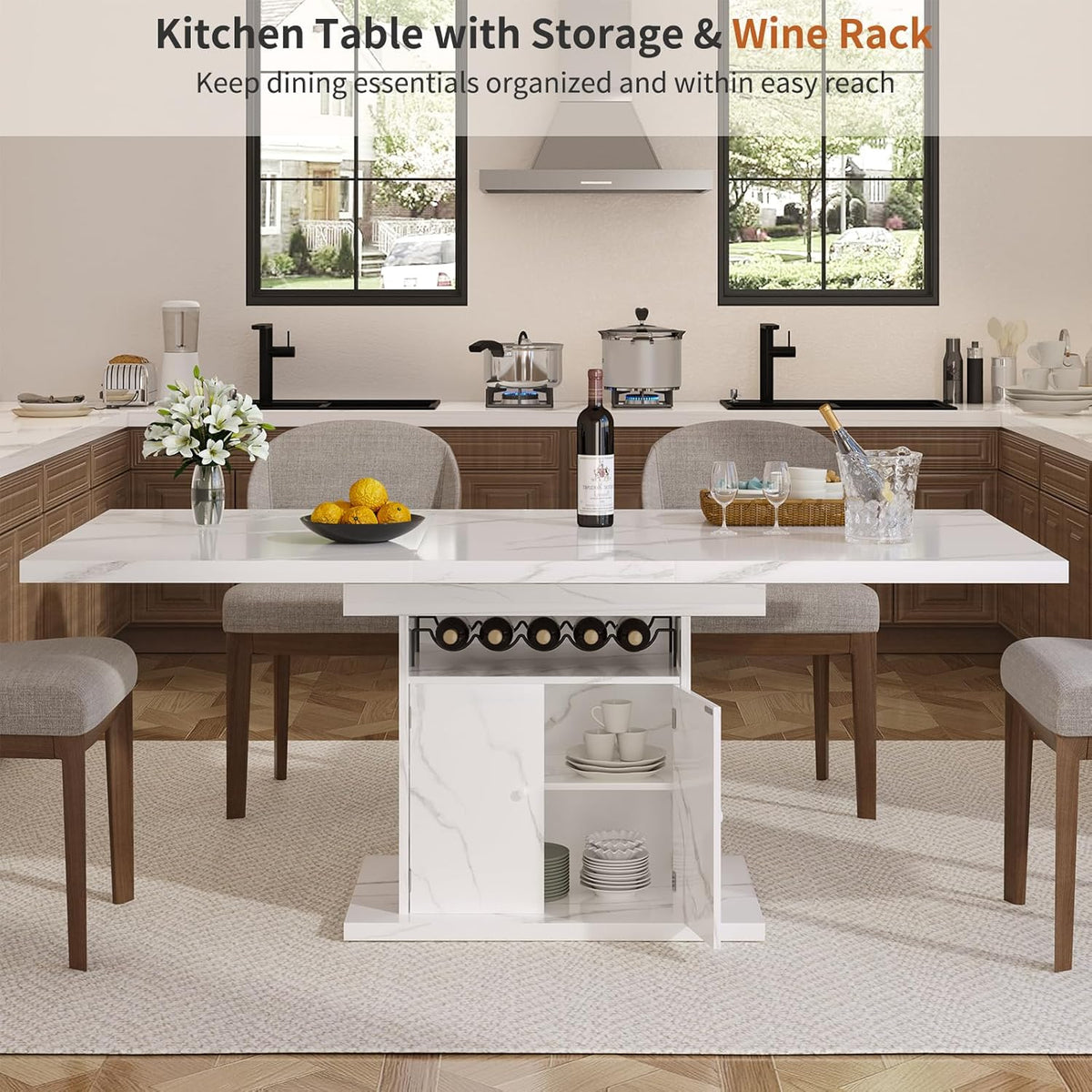 Extendable Dining Room Table for 4-6, 47-63 Inch Faux Marble Extendable Dining Table, Modern Expandable Rectangle Kitchen Dining Table with Storage for Kitchen Living Room