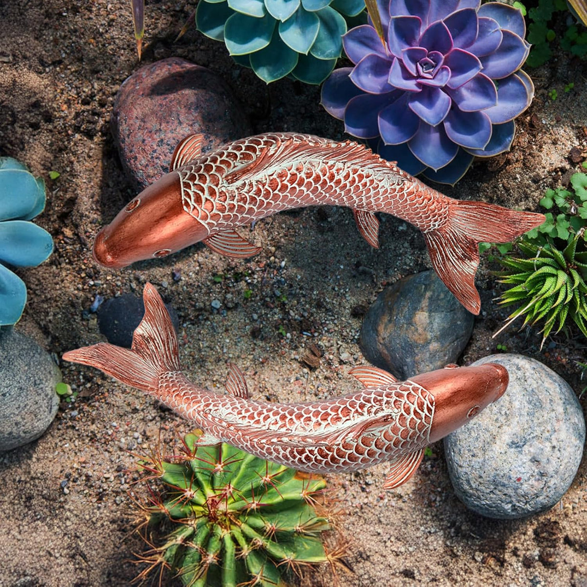 Garden Statues Koi Fish Decor Outdoor Garden Fish Statues, Set of 2 Antique Copper Koi Art Sculptures for Patio, Backyard, Pond and Home Decor for Women Mom