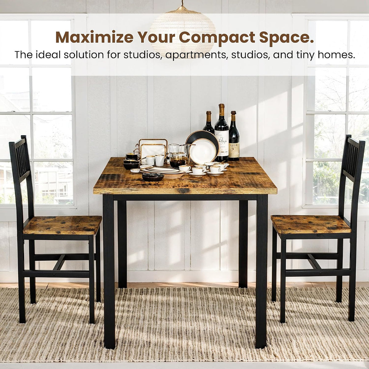 3 Piece Dining Table Set for 2, Small Wooden Kitchen Table Set with Chairs, Space Saving Breakfast Nook Table and Chairs Set of 2, Modern Dinette Set for Dining Room, Apartment, Small Space, Brown