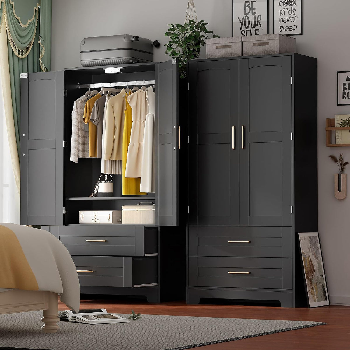 Wooden Armoire Wardrobe Closet, Bedroom Armoires with Door and Drawers, Freestanding Wardrobe Clothing Storage Cabinet with Shelves and Hanging Rod for Bedroom, Laundry Room, Cloak Room（Black）