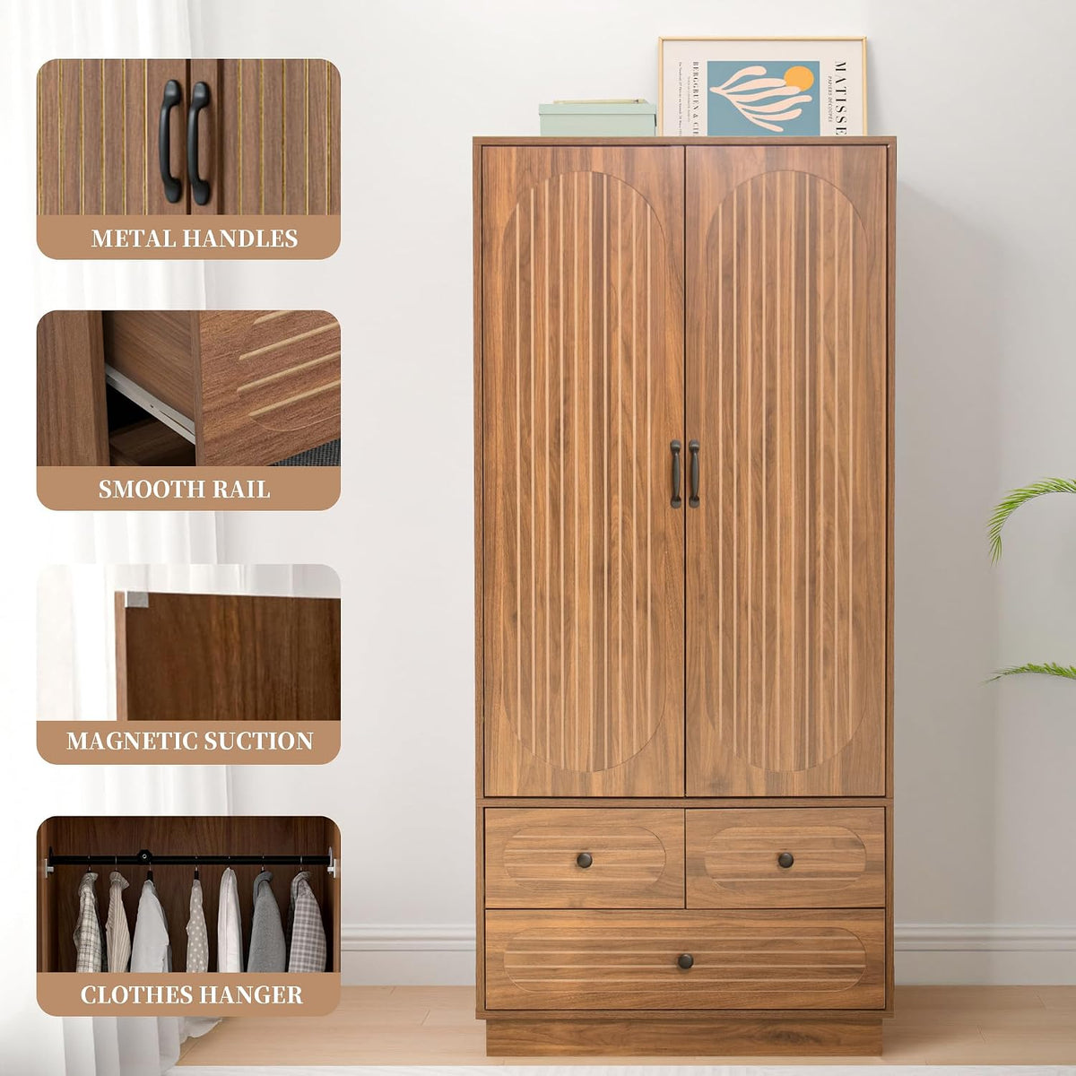 Jluomei Armoire Wardrobe Closet with Doors, Wardrobe Cabinet with 3 Drawers, Wooden Large Clothing Storage Cabinet with Hanging Rod and Shelf, Mid-Century Modern Tall Closet for Bedroom, Walnut