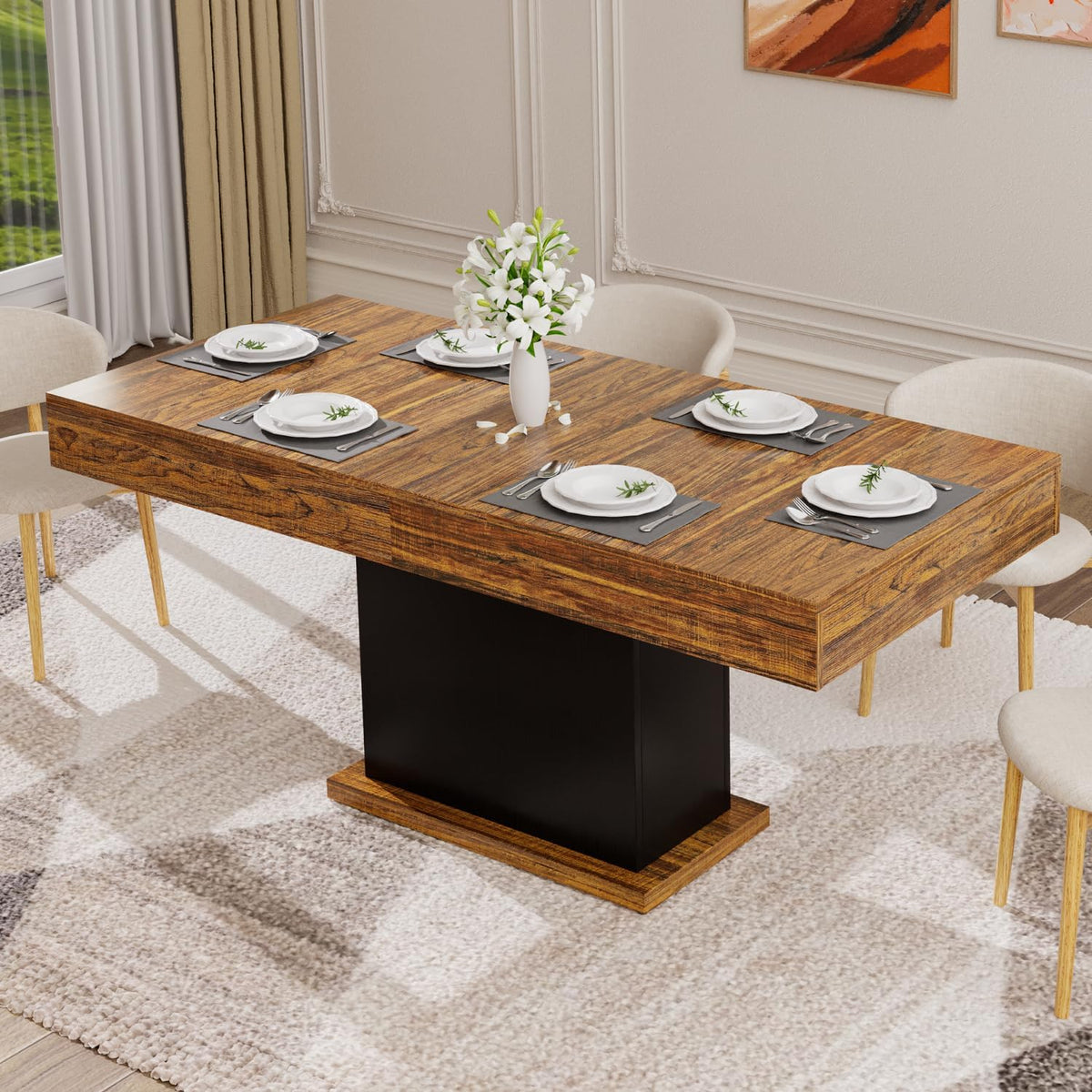 55" Dining Table for 4 to 6 People, Farmhouse Wood Dinner Table with Drawers & Led Lights for Kitchen, Dining Room & Living Room (Oak Brown & Black)