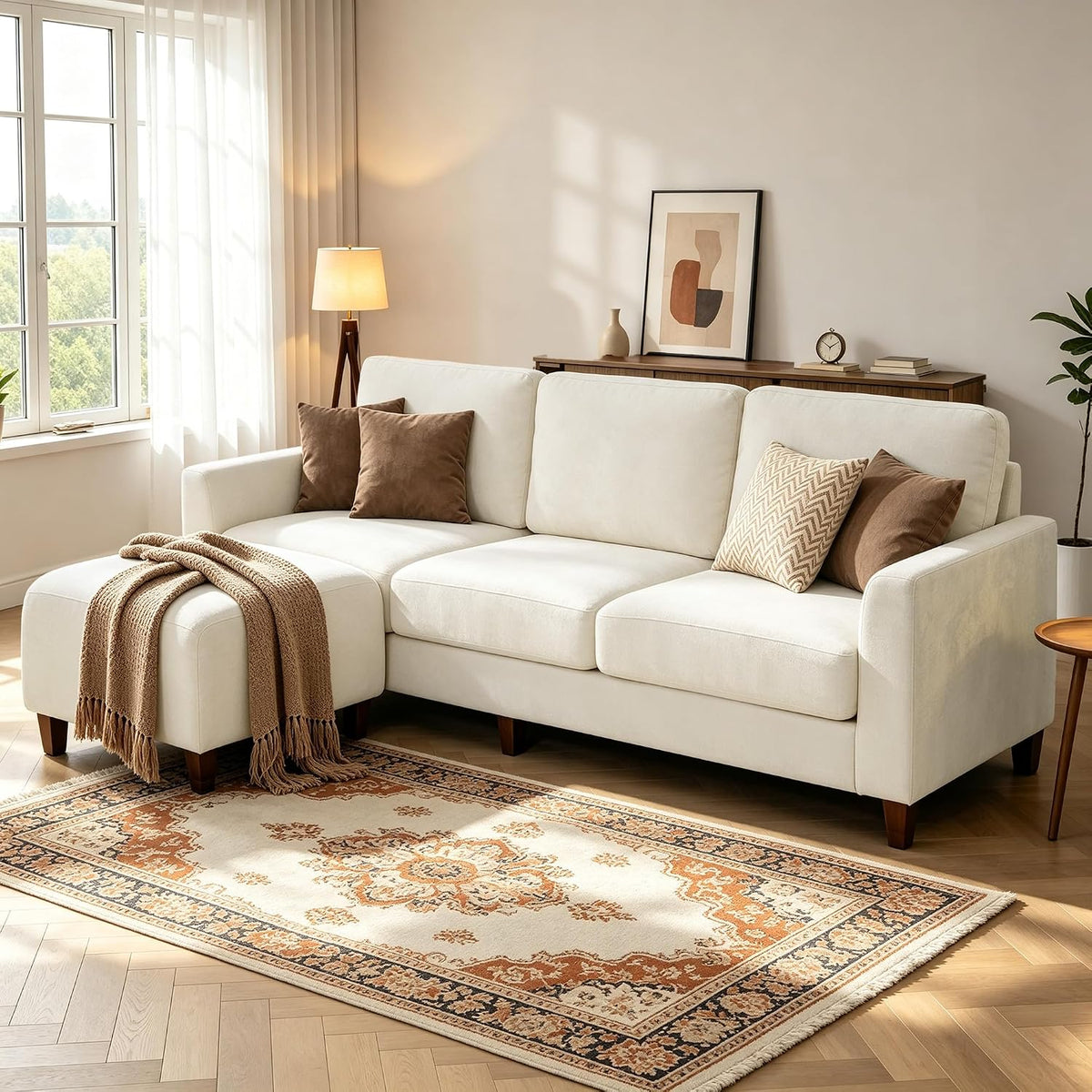 L Shaped Sectional Couch for Living Room, Modular Small Sofa with Ottoman | 96 Inch, 3 Deep Seats, White, Chenille, Easy Tool-Free Assembly, Modern Compact Sofa Set for Apartment, Office, Small Space