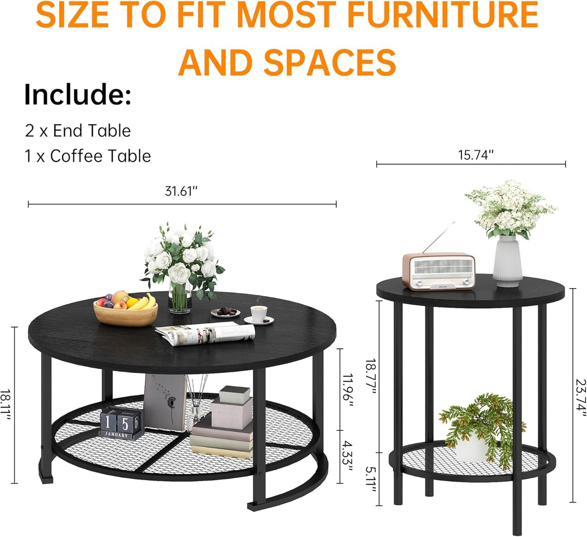 DKLGG 3-Piece Coffee Table and End Table Sets for Living Room, Round Coffee Table Set of 3 with Storage, Modern Farmhouse Rustic Living Room Table Set for Apartment Home Office, Black
