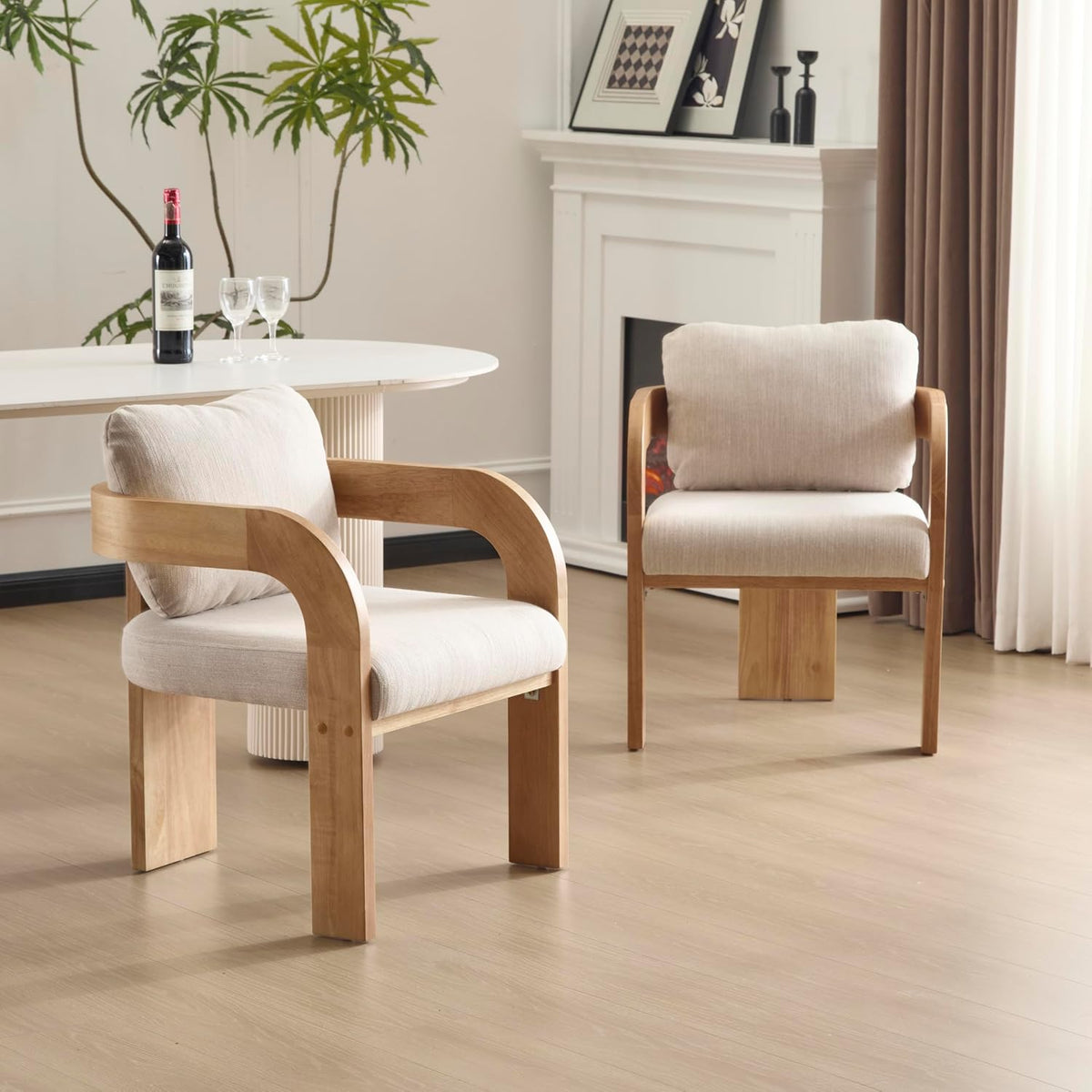 Christopher Knight Home Yorick Modern Dining Chair Set of 2 with Cushion, Solid Wood Dining Room Armchair Set, Curved Backrest Kitchen Side Chair, Living Room Comfy Extra Seat, Natural+Beige