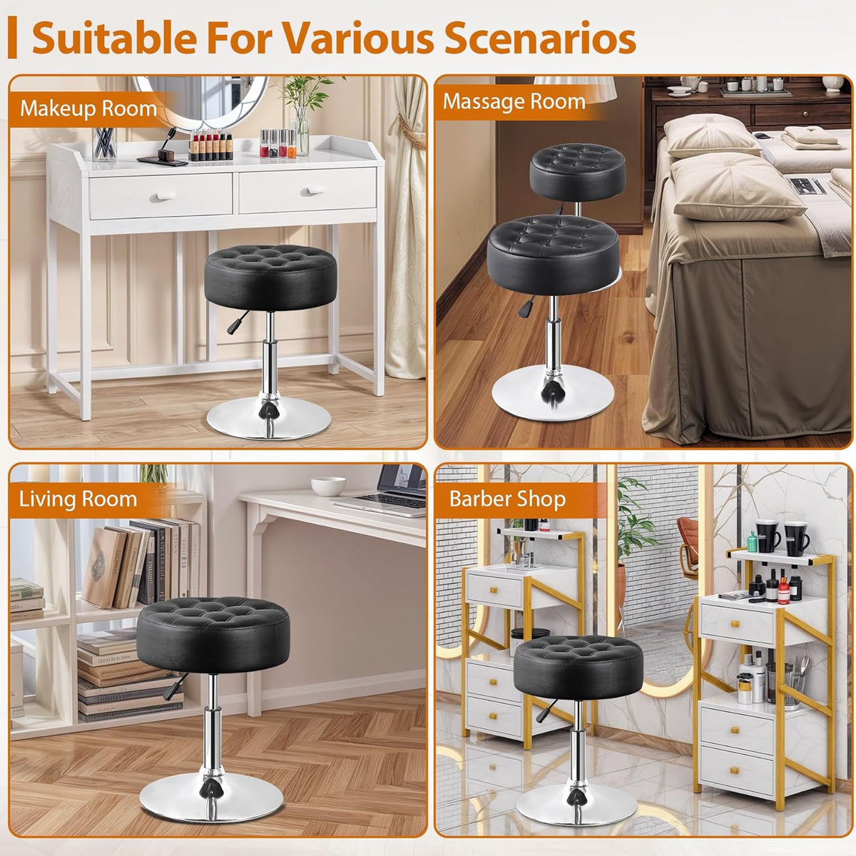 Nova Microdermabrasion Vanity Chair Stool Modern Tufted Round Ottoman Stool Swivel Makeup Chair for Bathroom Bedroom Living Room (Black)