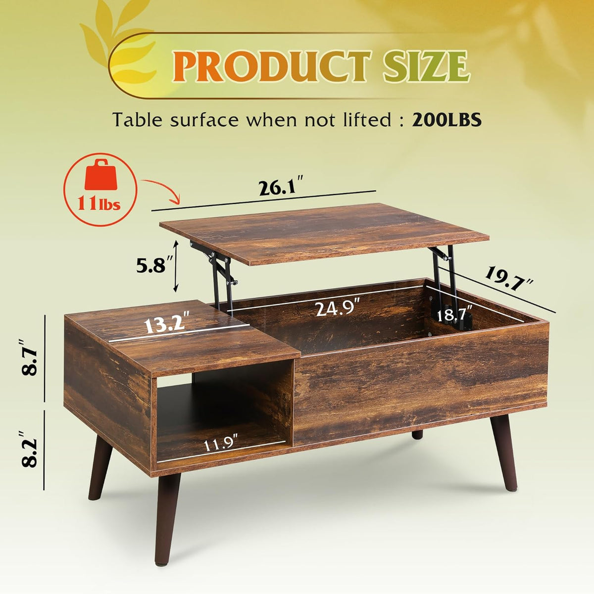 WLIVE Coffee Table with Storage & Lifting Top for Living Room, 21" Small Lift Top for Small Space Apartment, 31" Wooden Multifunctional Coffee & Dining Center Table for Home Office Work, Rustic Brown
