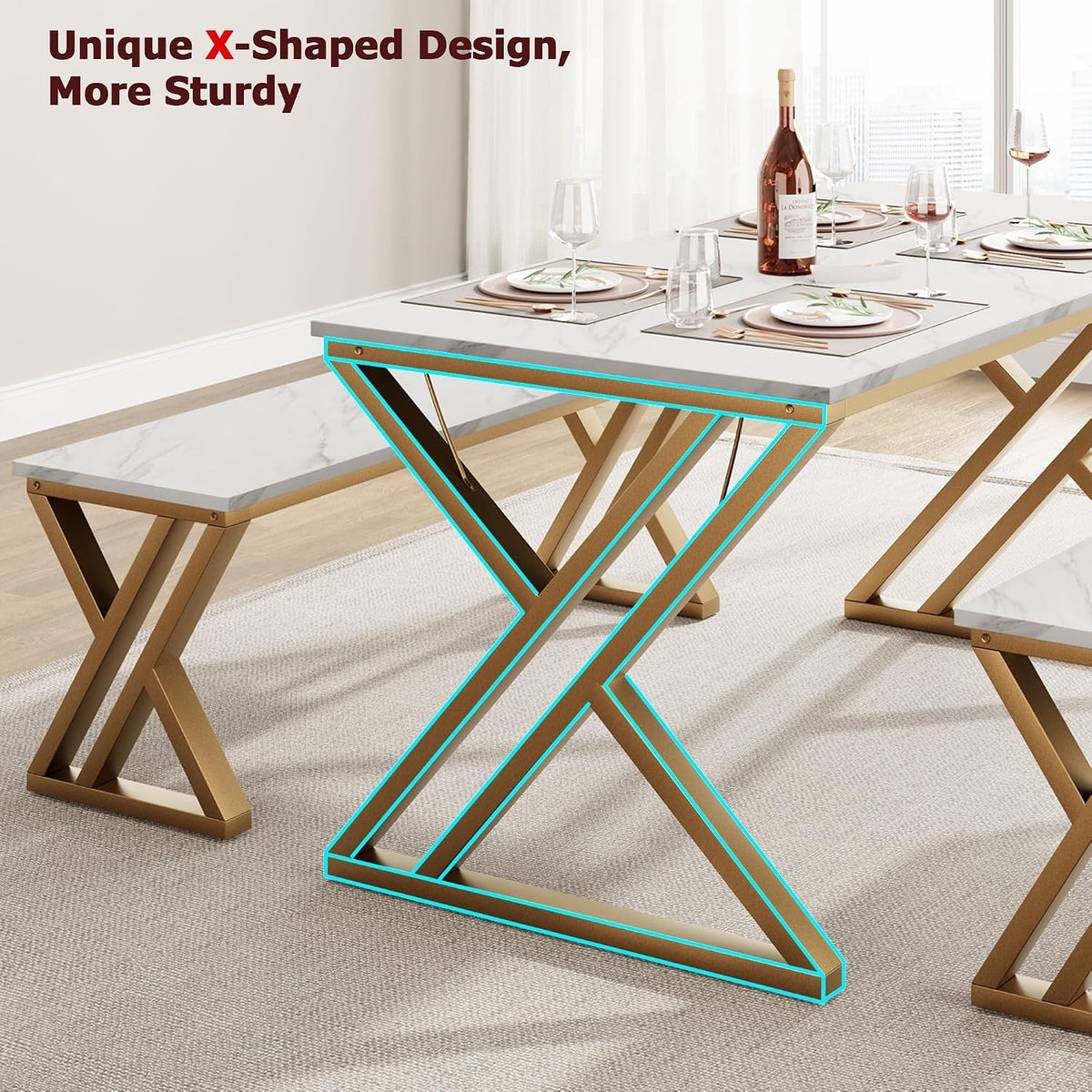 GarveeHome Kitchen Table with 2 Benches, Dining Table Set for 4 | Unique X-Shaped Design,Faux Marble Tabletop,Saving Space,For Kitchen, Dining Room,Apartment,Sturdy Metal Frame