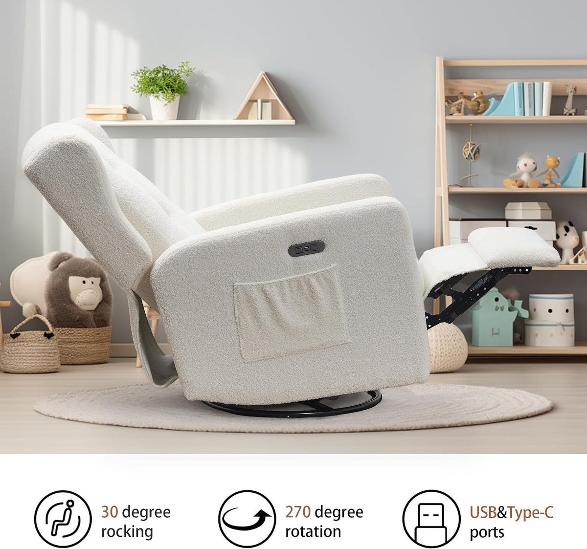 Ketaiyou Power Swivel Rocking Recliner Chair, High Back Electric Rocker Nursery Glider Chair, USB and Type-C Ports, Upholstered Teddy Fabric Reclining Single Sofa Chair for Living Room (Teddy Beige)