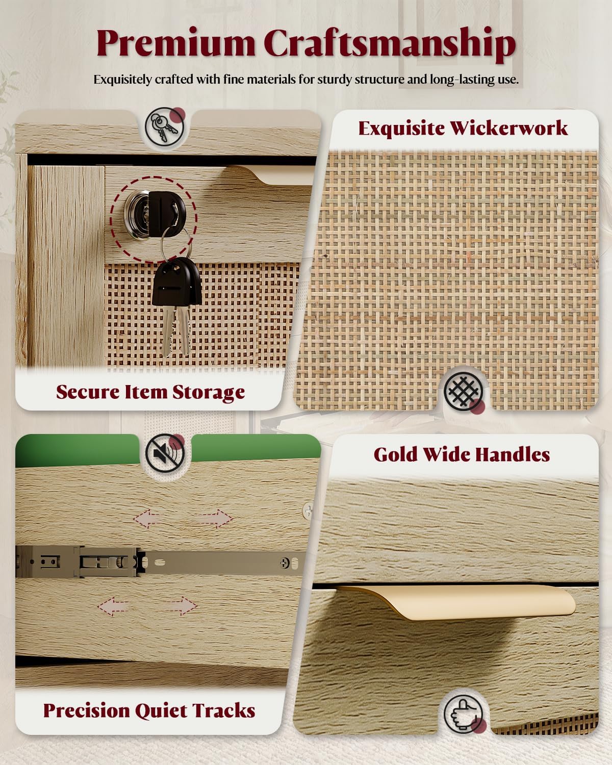 HOPUBUY 3 Drawer File Cabinet with Lock, Wood Rattan Lateral Filing Cabinet for Home Office, Printer Stand with 3 Open Shelves for Letter/Legal/A4/F4 Size, Adjustable Hanging Bars, Natural Wood