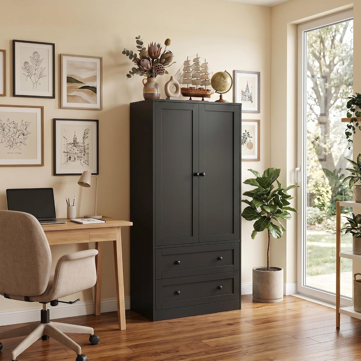 DIYART 64.2" Tall Black Kitchen Pantry, Storage Cabinet with Doors and Drawers, Freestanding Wooden Organizer for Kitchen, Dining Room