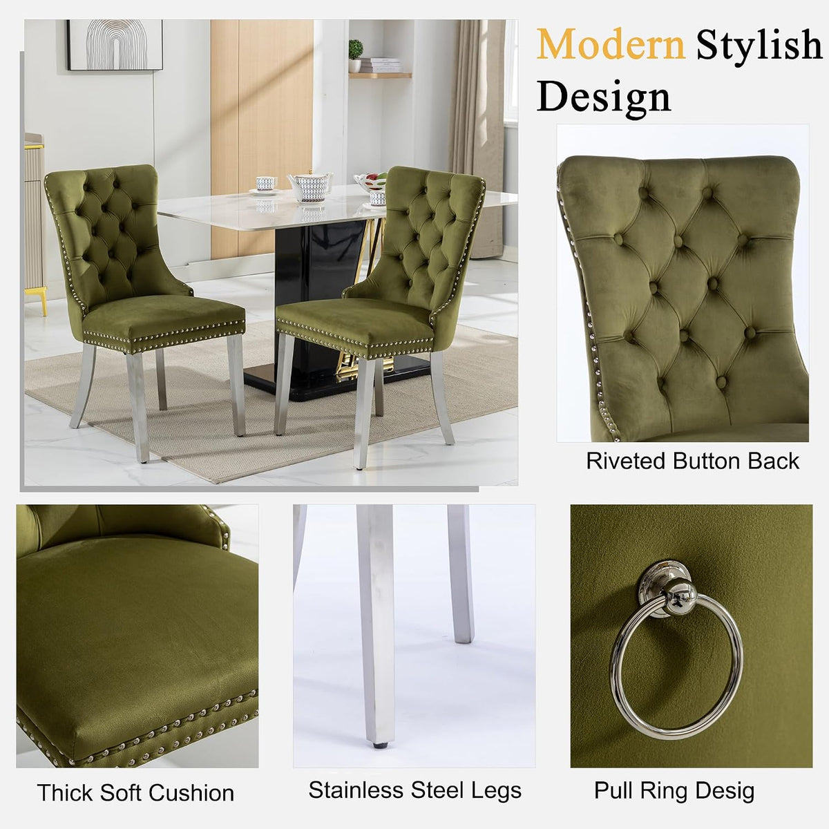 Round Glass Dining Table Set for 2, Small Kitchen Table Set for 2, 35" Round Glass Table and Olive Green Velvet Tufted Chairs Set of 2, 3 Piece Round Dining Room Table Set for Breakfast Dinette Cafe