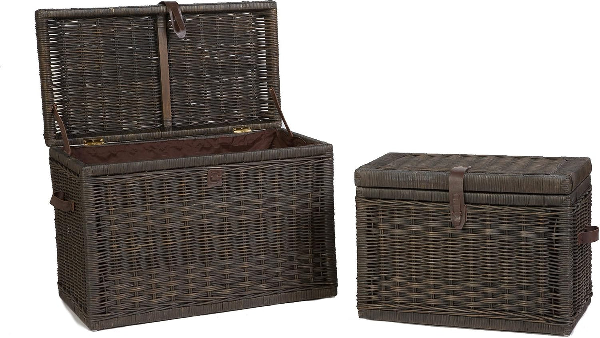 The Basket Lady Wicker Storage Trunk, M, Walnut Brown - fully assembled | Outside: 24" L x 13" W x 18" H | Inside: 22"L x 11"W x 15"H - Fabric lined. Handcrafted by artisans from natural rattan