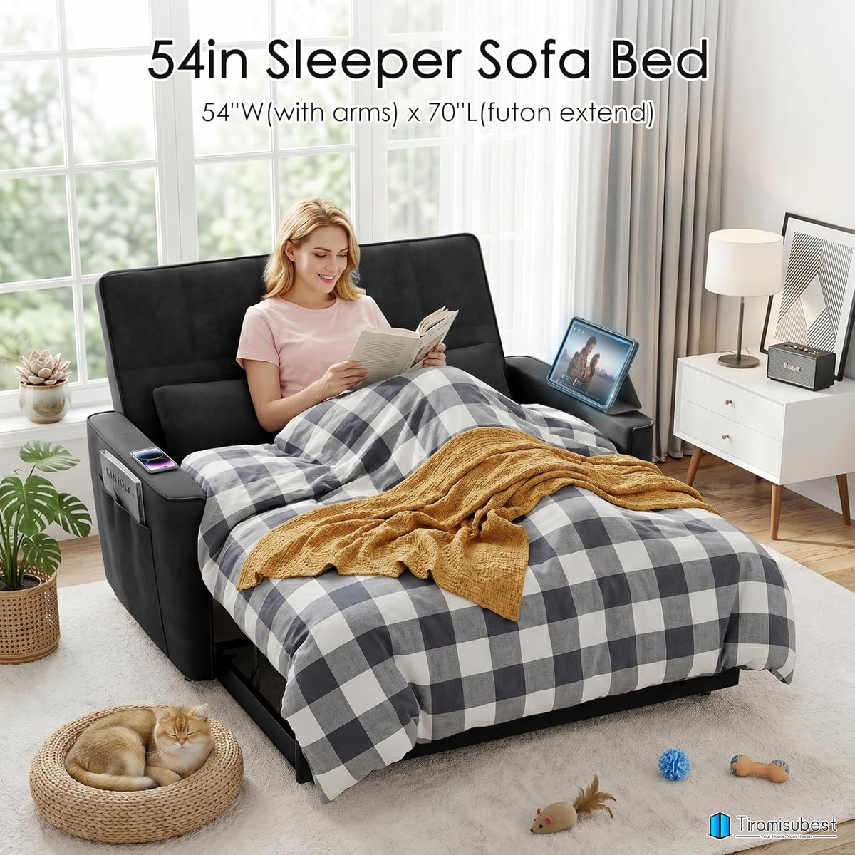54'' Sleeper Sofa Bed, Convertible Pull Out Couch Futon for for Living Room,Apartment (Black, Loveseat) Side Pockets, Velvet Fabric, Adjustable Backrest, Pull-Out Bed, Easy Assembly