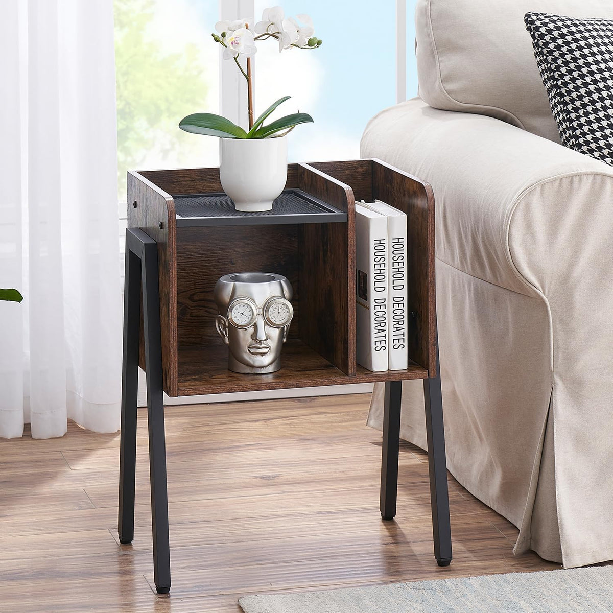 VECELO Night Stand Industrial End Table,Bedside Table with 2-Tier Open Storage Compartments,Wood Side Table with Metal Frame for Bedroom, Living Room and Small Spaces