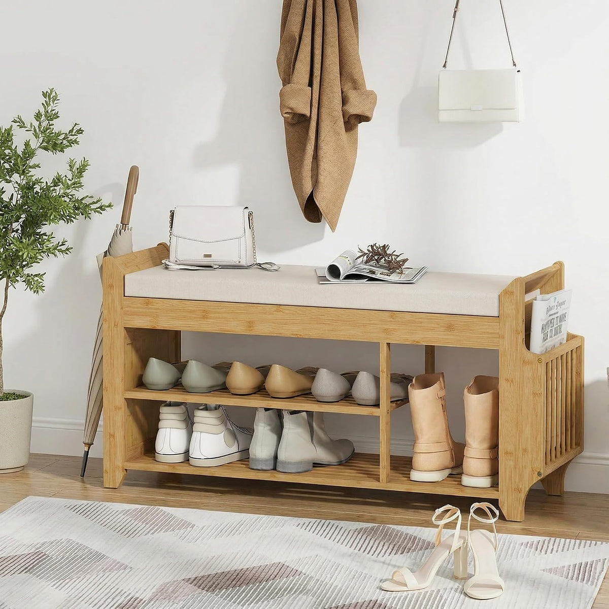 HOMCOM Shoe Bench with Cushioned Seat, 2-Tier Entryway Bench with Side Umbrella Holder, 39.4" in Natural Bamboo Shoe Rack for Hallway, Living Room, Natural and Cream
