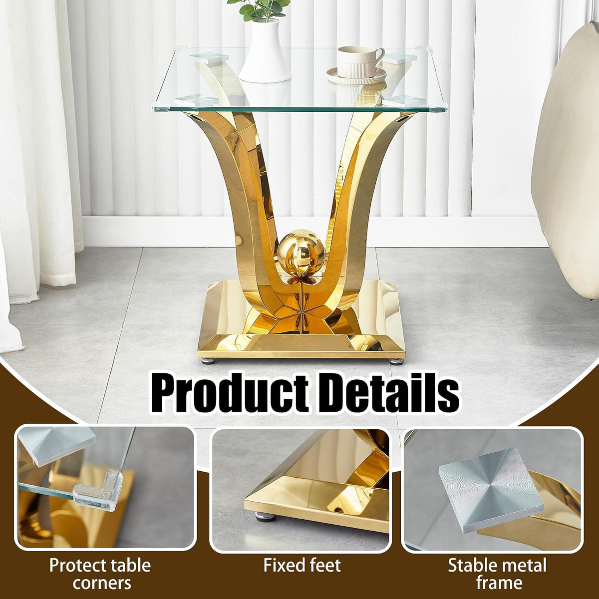 New Gold Glass Side Table, Luxury End Table with Mirror Finish Stainless Steel Base and Tempered Glass Top, Square Side Table for Living Room, Bedroom,Office