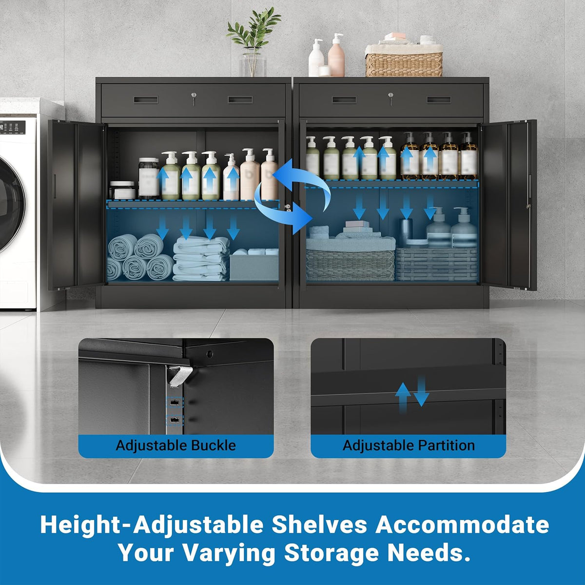 Metal Storage Cabinet, 36" Locking Steel Cabinet with 1 Drawers and 1 Adjustable Shelves for Garage, Home, Office, Kitchen (Black, 36" H x 28" W x 16" D)