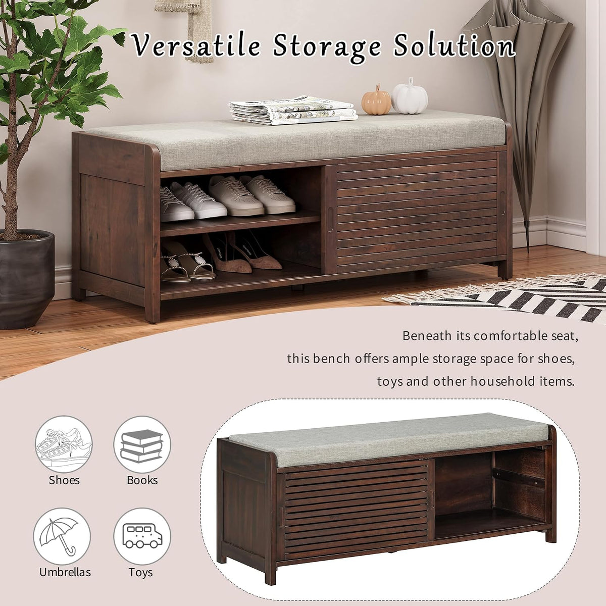 SOFTSEA Shoe Storage Bench with Cushion, 2-Tier Entryway Bench with Sliding Shutter Doors for Entryway, Bedroom, Living Room, Farmhouse Style, 43.3" W x 15.4" D x 16.5" H (Espresso)