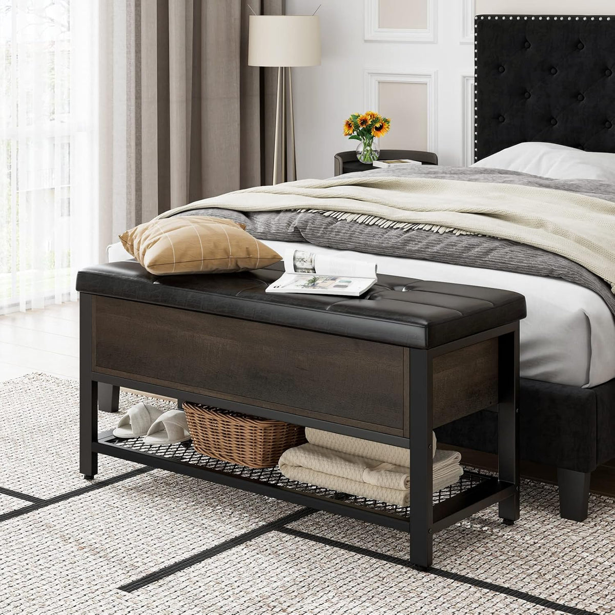 HOSTACK 40" W Storage Bench, Entryway Shoe Bench with Cushion, Dark Brown | Wood Metal Bench with Flip-Open Hidden Storage, Ottoman Bench with Padded Seat & Shoe Rack for Hallway, Bedroom, Living Room