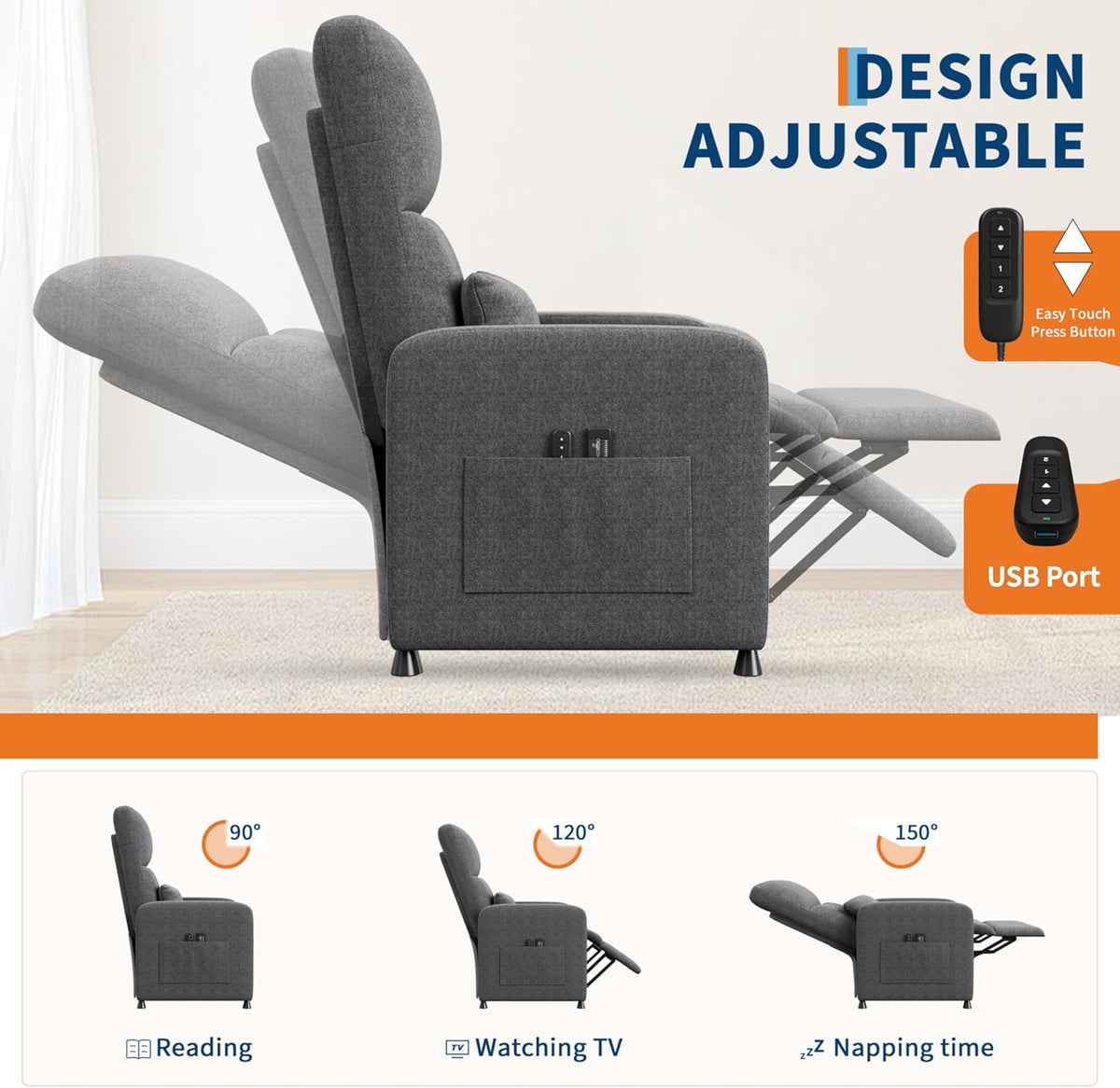 Garvee Power Recliner Chair, Adjustable Electric Recliner Ergonomic Overstuffed Single Sofa, Padded Seat, Side Pockets and USB Port, Home Theater Seating for Living Room