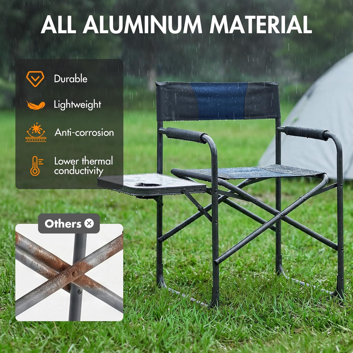Portal Directors Chair for Adults with Side Table, Folding Camping Chairs Heavy Duty 225LBS, Portable Lawn Chairs with Cup Holder for Outdoor, Beach, Travel, Blue/Grey