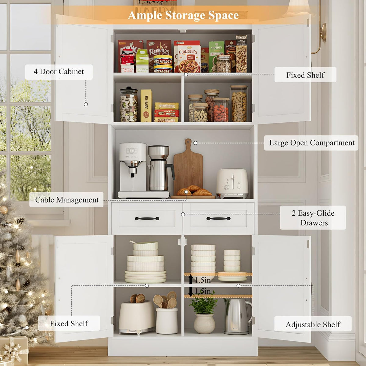 HOSTACK 71" Tall Kitchen Pantry Storage Cabinet, Wood Kitchen Hutch, White | Modern Pantry Cabinet with Microwave Stand, Hutch Cabinet with Countertop & Drawers, Storage Cabinet for Living Room