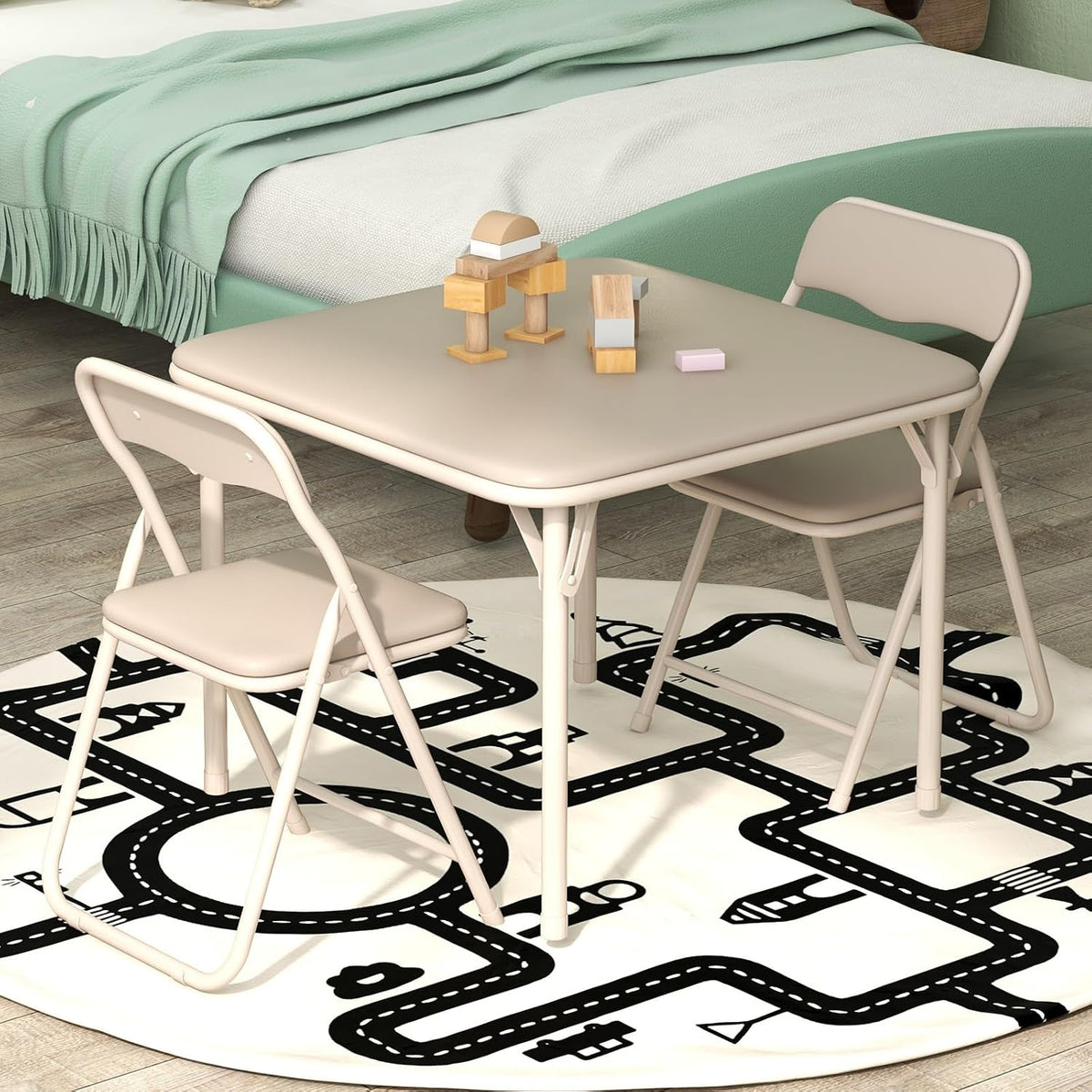 No Assembly Kids Folding Table and Chairs Set 3-Piece PU Padded | Fold-Flat Design + No Assembly + PU Padded Comfort – A Perfect Space-Saving Activity Set for Kids Ages 2-8