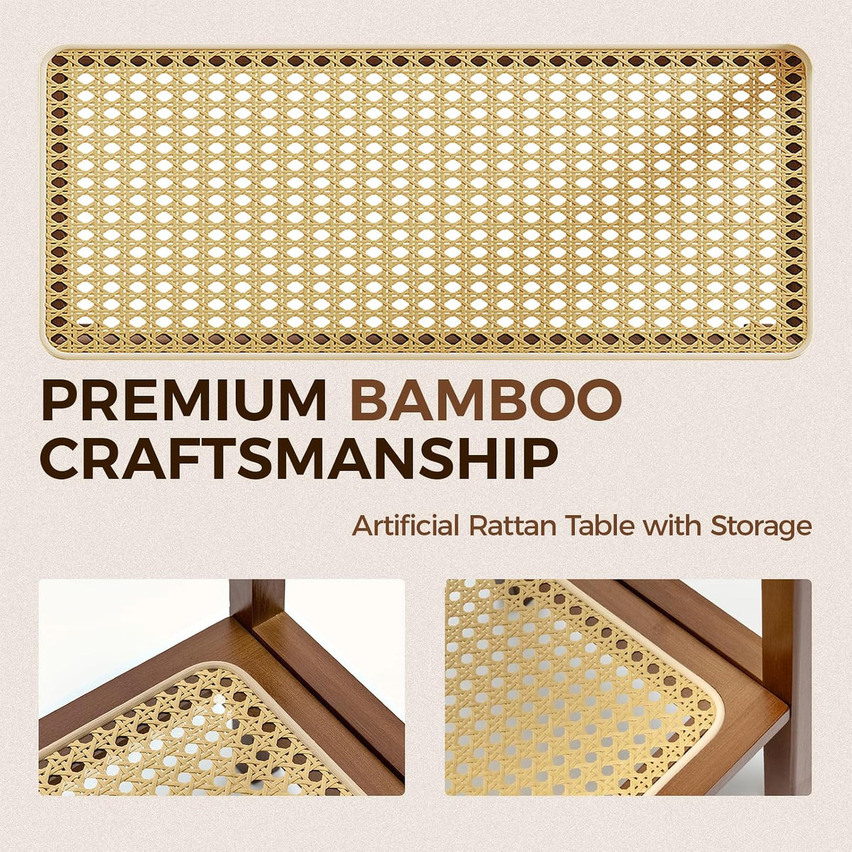 Rattan Side Table Mid Century Modern End Table Living Room 2-Tier End Table with Rattan Storage Shelves for Small Space Night Stand Narrow Coffee Table Boho Bamboo Small Bedside Table