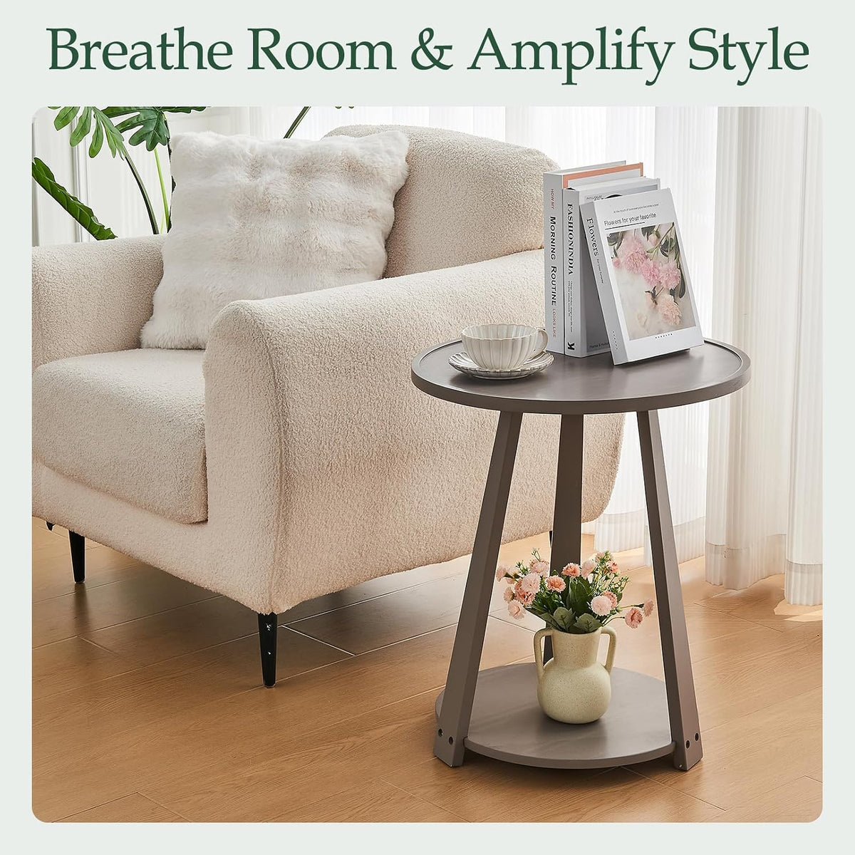 Solid Wood Round Side Table - Small Round Grey End Table, Wooden Modern Bedside Tables Living Room Nightstand with Shelf for Couch Sofa Armchair Bedroom, Gray, 19.6 in x 19.6 in x 23.6 in