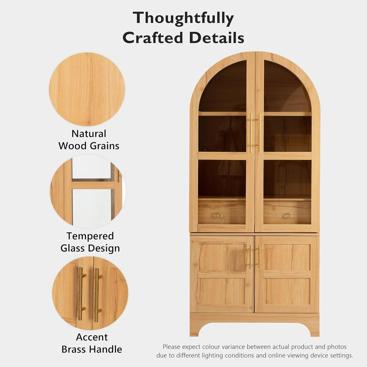 71" Tall Arched Kitchen Pantry Cabinet with Door Shelves, Farmhouse Storage Cabinet with Open & Adjustable Shelves, Hidden Drawer & Glass Door, Cupboard for Kitchen, Dining Room (Natural)