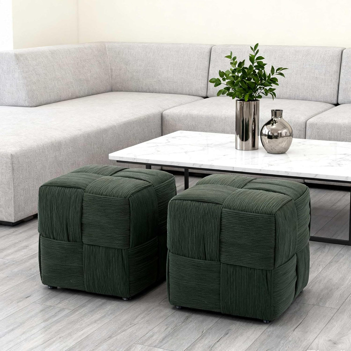 Green Cube Ottoman, Foot Rests Pouf Soft and Comfortable Corduroy Woven Design, Foot Rest for Couch for Living Room, Bedroom, Square Pouf Ottoman 14.2" (Green)