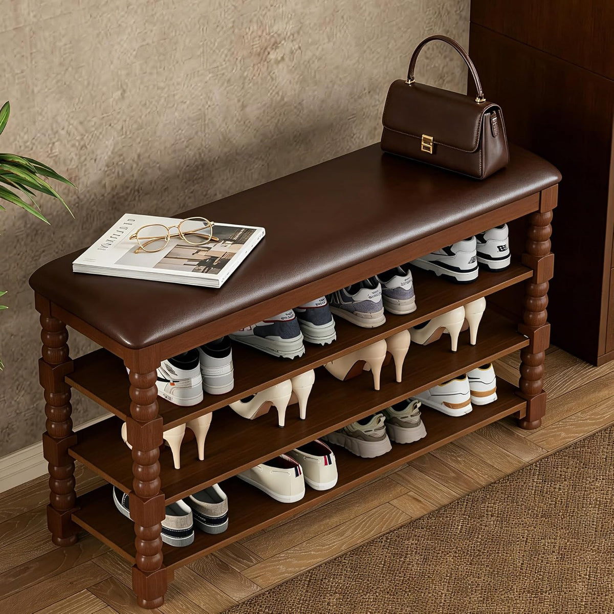 Homleke Solid Wood Shoe Storage Bench with Cushion,Classic Turned Ball Legs | 3-Tier Tall Entryway Bench with Leather Seat, Holds Up to 12 Pairs, for Hallway and Bedroom, Walnut, 39.4 Inch