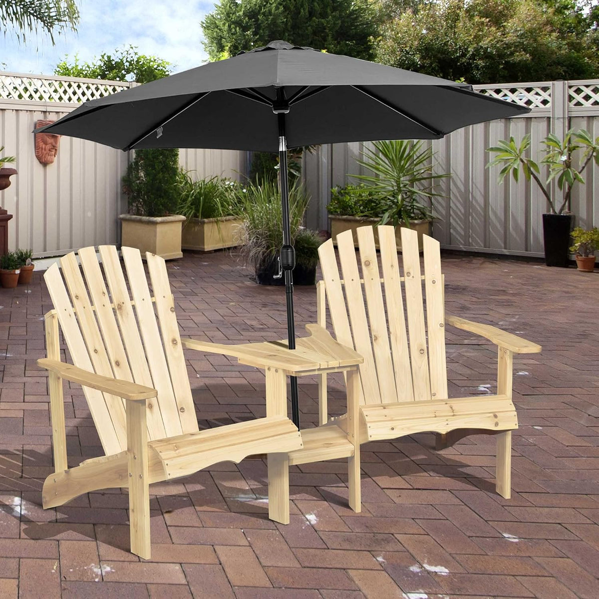 Adirondack Chair Set, 2 Wooden Outdoor Chairs with Center Table and Umbrella Hole, 2 Person Adirondack Bench Fire Pit Seating for Patio Backyard Garden, Natural
