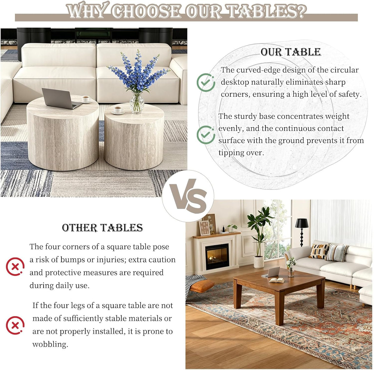 Modern Nesting Coffee Table Set of 2 Round Travertine Finish Nesting Tables Sofa Side Table Small End Table for Living Room, Small Space, No Assembly Required (Grey Travertine)