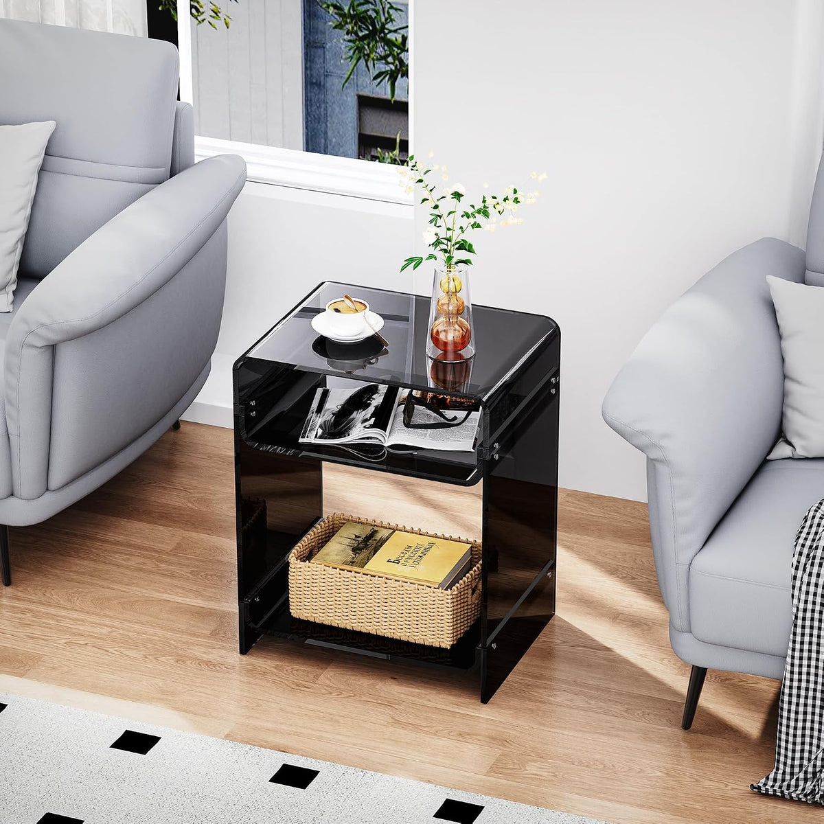 Acrylic End Table Record Player Table with Storage Shelf Clear Side Table Nightstand (Black)