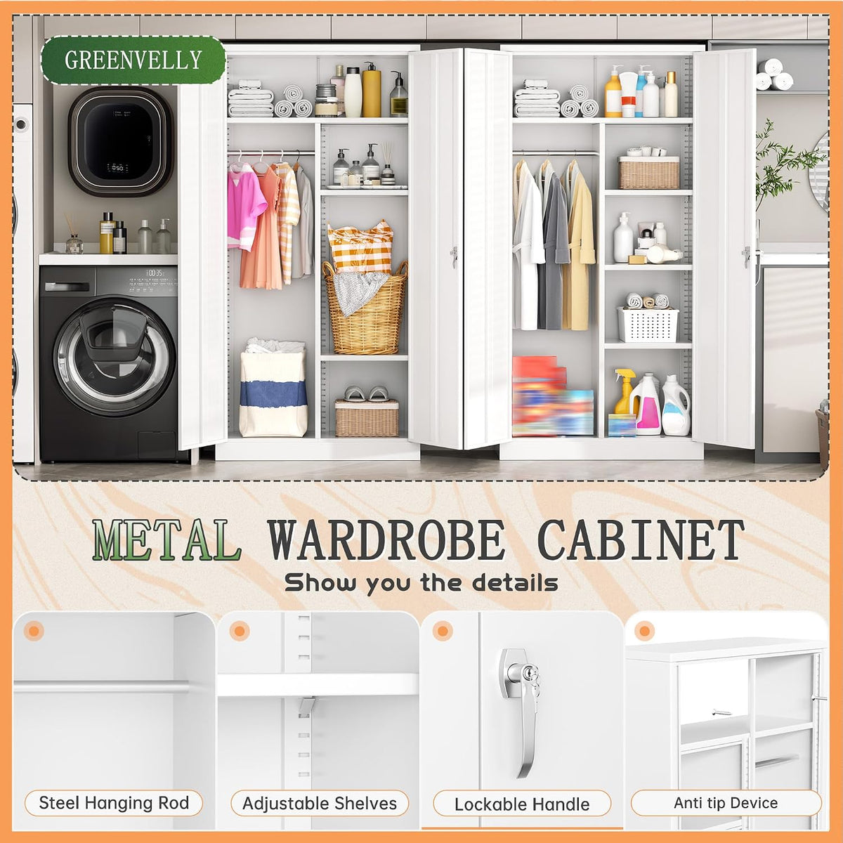 Greenvelly Metal Wardrobe Cabinet with Locking Doors, 72"H White Metal Wardrobe Closet with Hanging Rods and Adjustable Shelves, Clothing Storage Closet for Home, Office, Employee, Gym (16" D x 32" W)