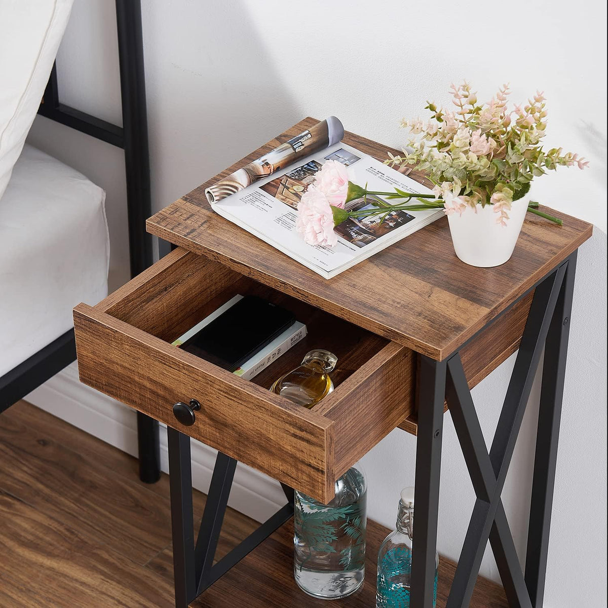 VECELO Tall Nightstand,27.6 inch Wooden End Table with Metal X-Frame,Side Table with Drawer and Storage Shelf for Living Room Bedroom Entryway Small Spaces