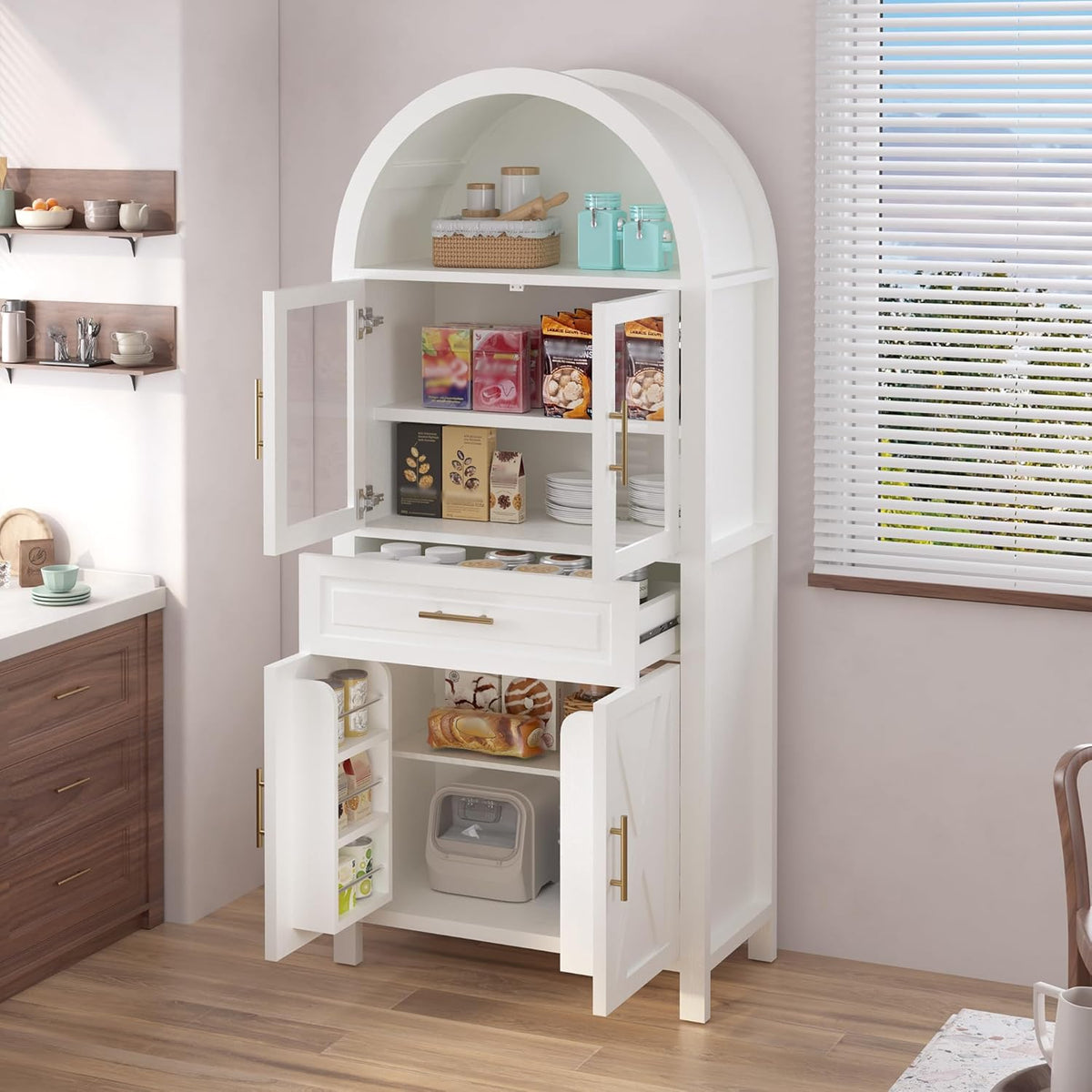 roomfitters 71" Tall Arched Farmhouse Pantry Cabinet with Glass Barn Doors & Pull-Out Drawer, White